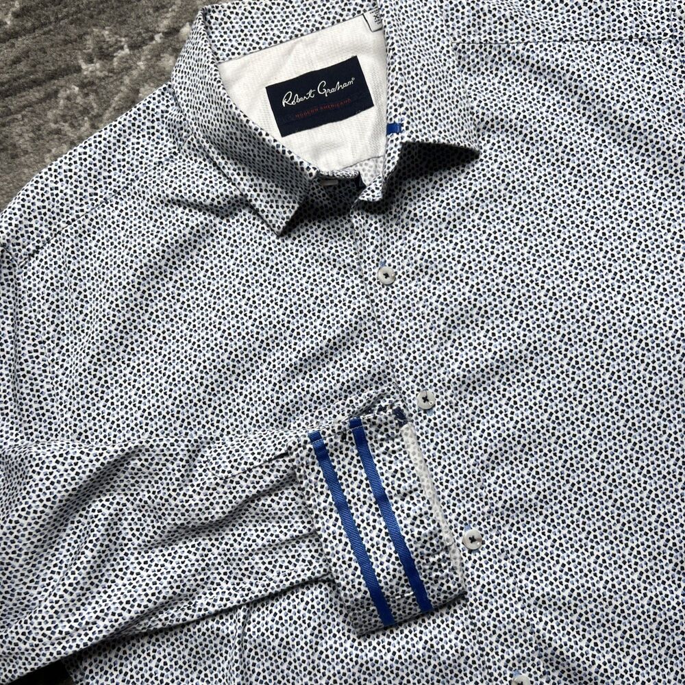 Robert Graham Modern Americana Flip Cuff Shirt Mens XL Tailored White Blue Dots